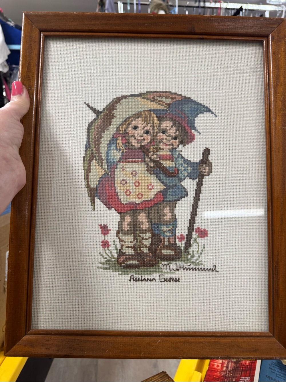 Hummel Cross Stitch Children With Umbrella Sunny Weather Completed & Framed